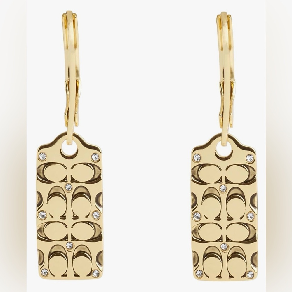 COACH Quilted C Tag Drop Earrings; GOLDEN SHADOW/GOLD - Picture 1 of 6